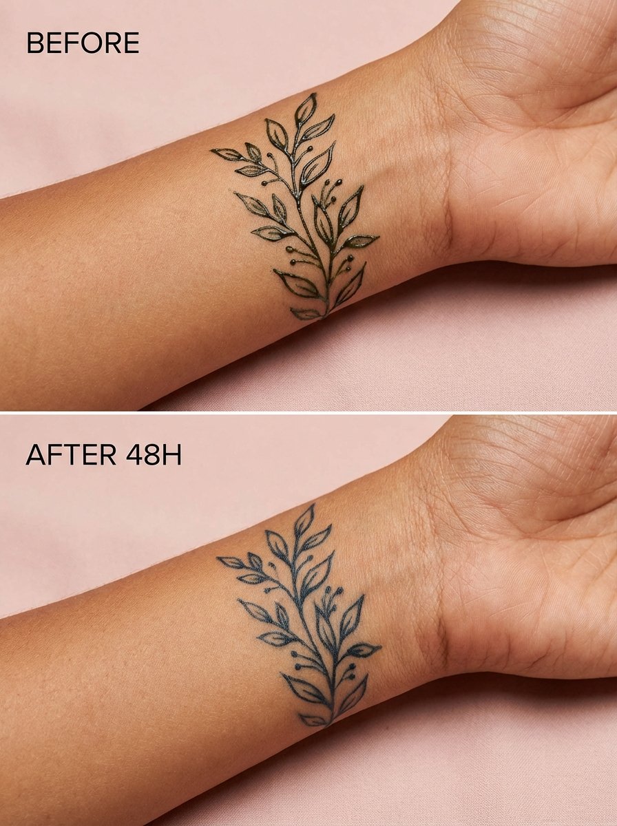 Jagua tattoo development — freshly applied gel on the left, fully developed blue-black stain 48 hours later on the right